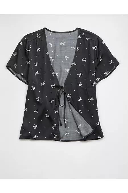 Aerie Off-Duty Satin Tie Front Shirt Women's Product Image