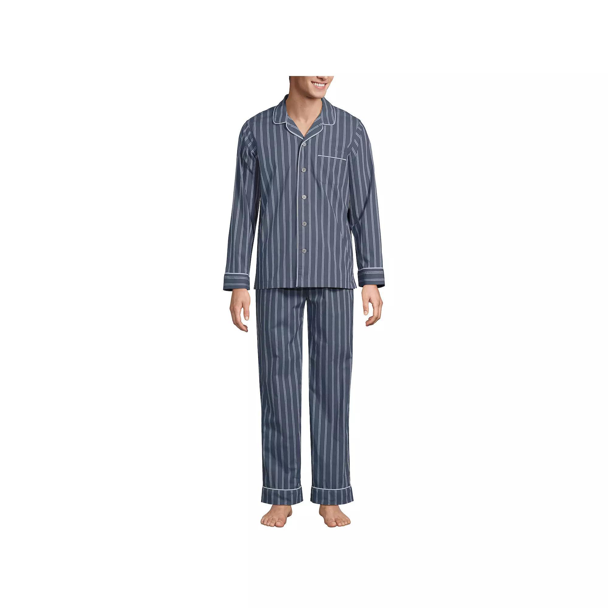 Men's Lands' End Essential Long Sleeve Top & Pants Pajama Set, Size: XXL, Grey Blue Stripe Product Image