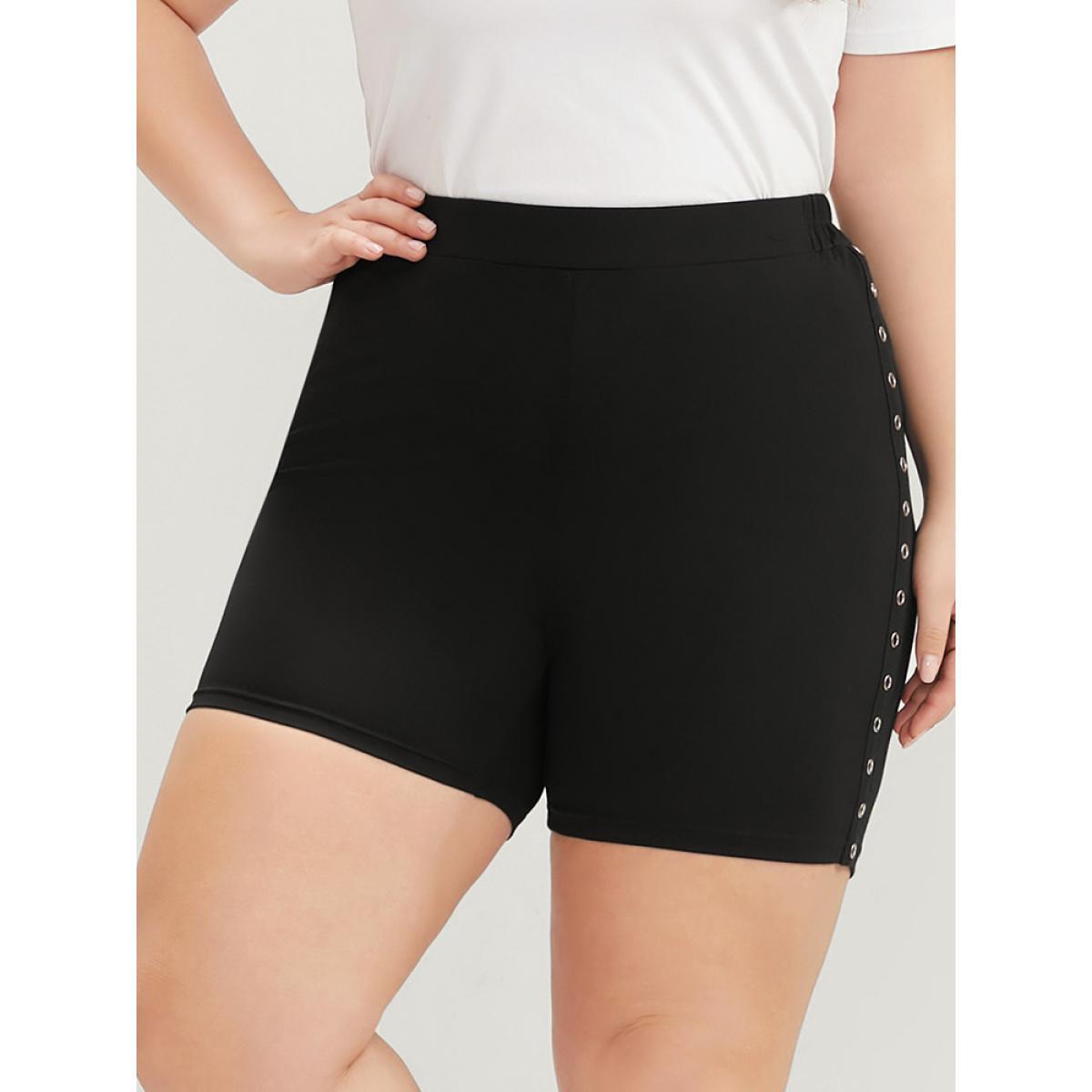 Plus Size Plain Studded Detail Elastic Waist Shorts Women Black Casual Low stretch Skinny High Rise Dailywear Leggings BloomChic 22-24/3X Product Image
