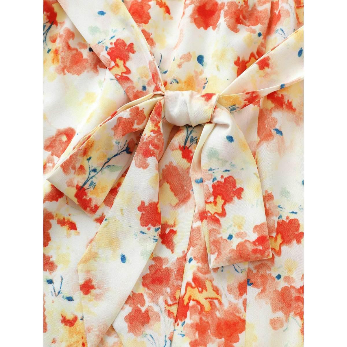 Plus Size Ditsy Floral Elastic Waist Belted Adjustable Straps Dress Coral Women Elegant Non Non Sleeveless Curvy Midi Dress BloomChic 14-16/1X Product Image