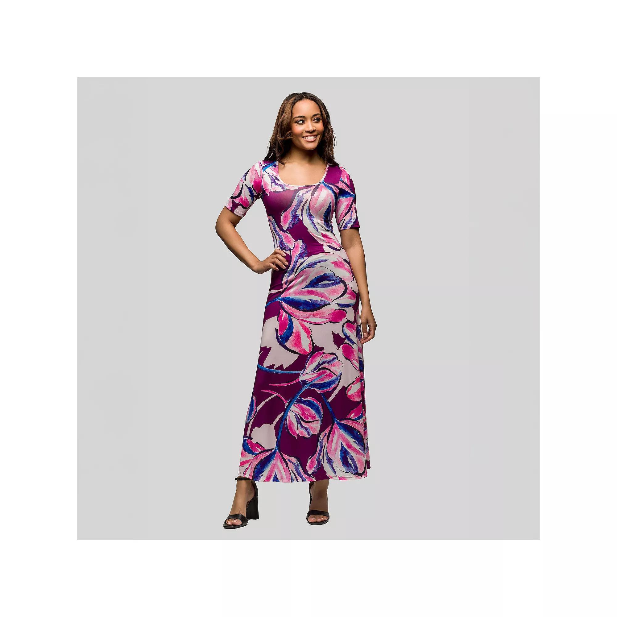 Women's 24Seven Comfort Apparel Elbow Sleeve Casual A Line Maxi Dress, Size: Large, Pink Team Product Image