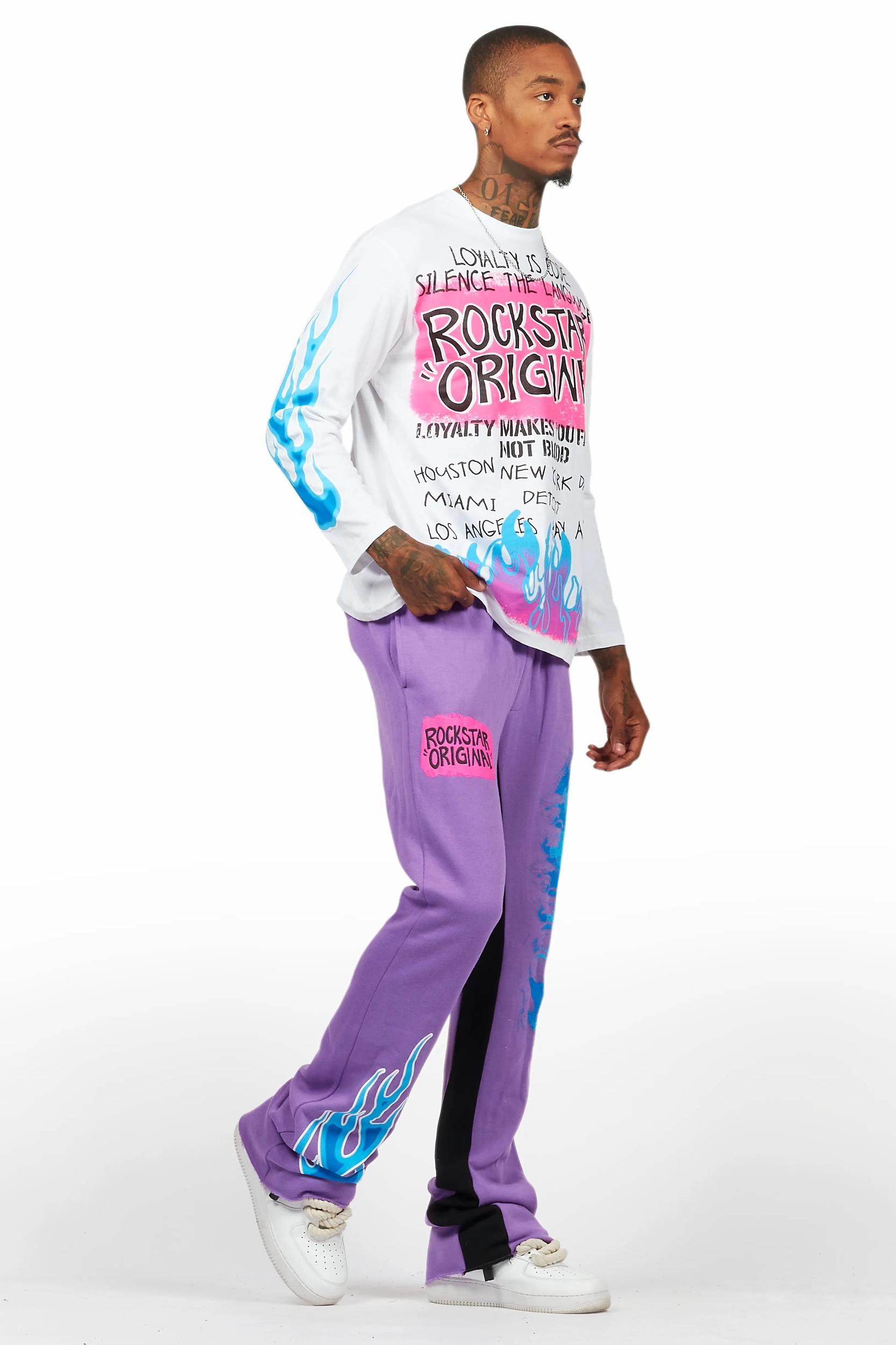 Beno Purple/White Long Sleeve T-Shirt/Baggy Pant Set Male Product Image