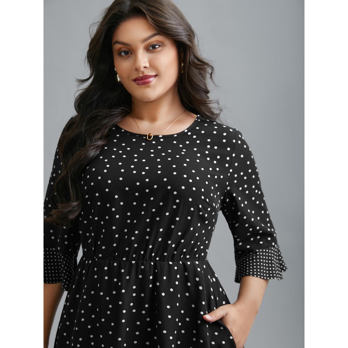 Plus Size Crew Neck Polka Dot Waist Cinched Dress Black Women At the Office Patchwork Round Neck Elbow-length sleeve Curvy BloomChic 14-16/1X Product Image