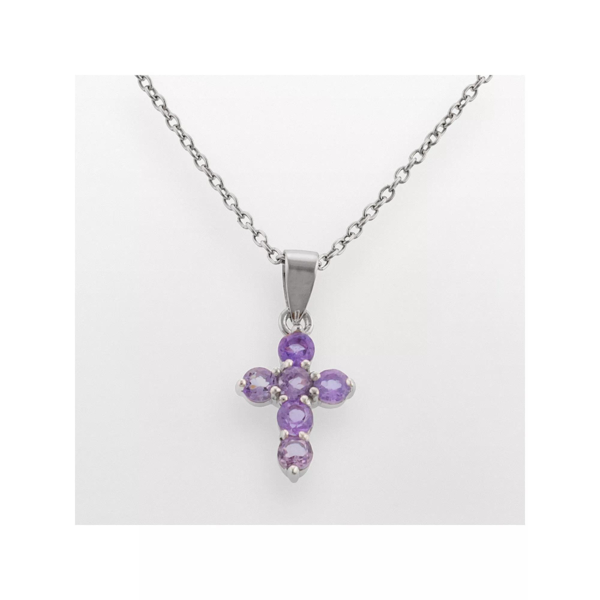 Silver Plated Amethyst Cross Pendant, Women's, Size: 18" Product Image