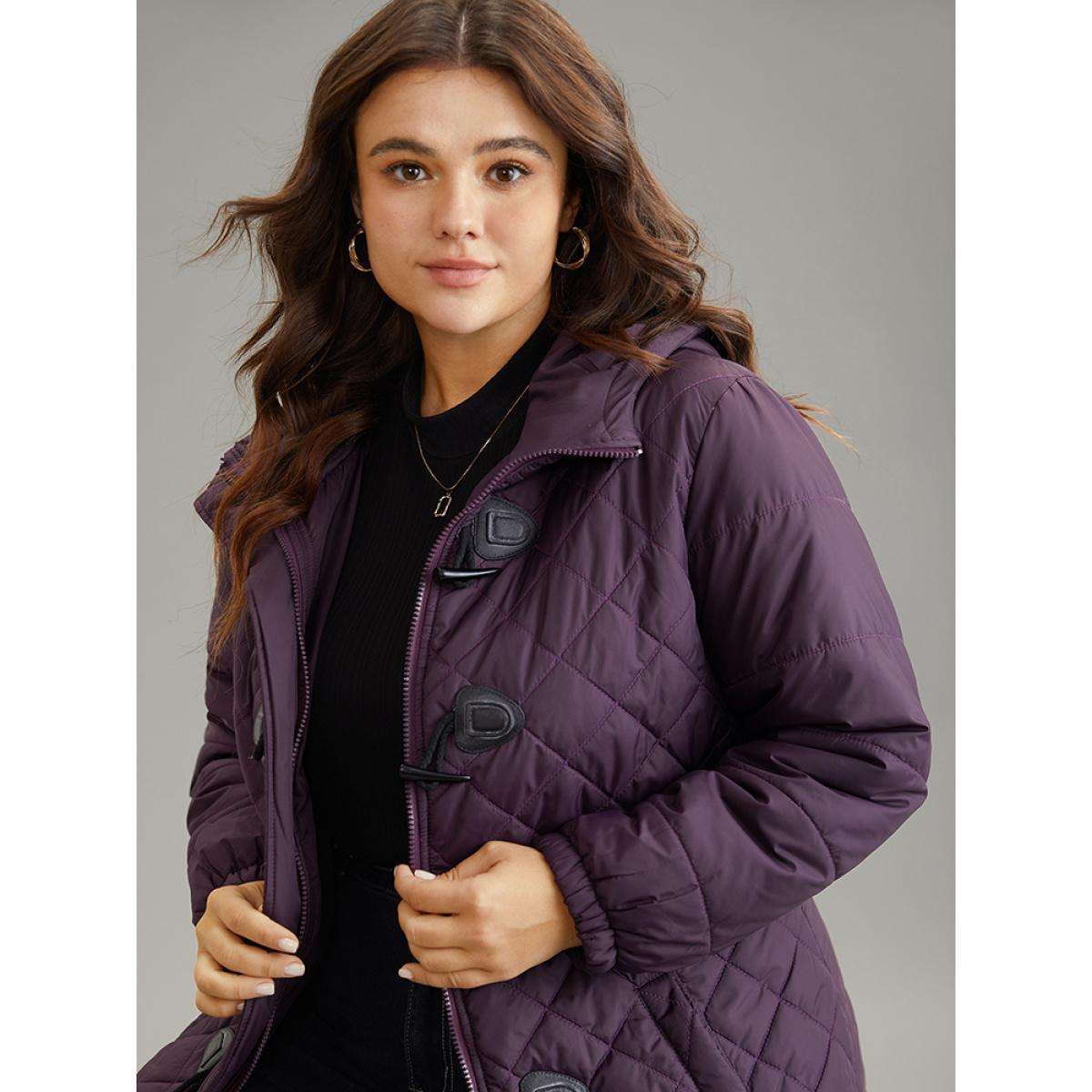Plus Size Quilted Duffle Button Hooded Pocket Cotton Jacket Women Eggplant Casual Quilting Ladies Dailywear Winter Coats BloomChic 12/L Product Image