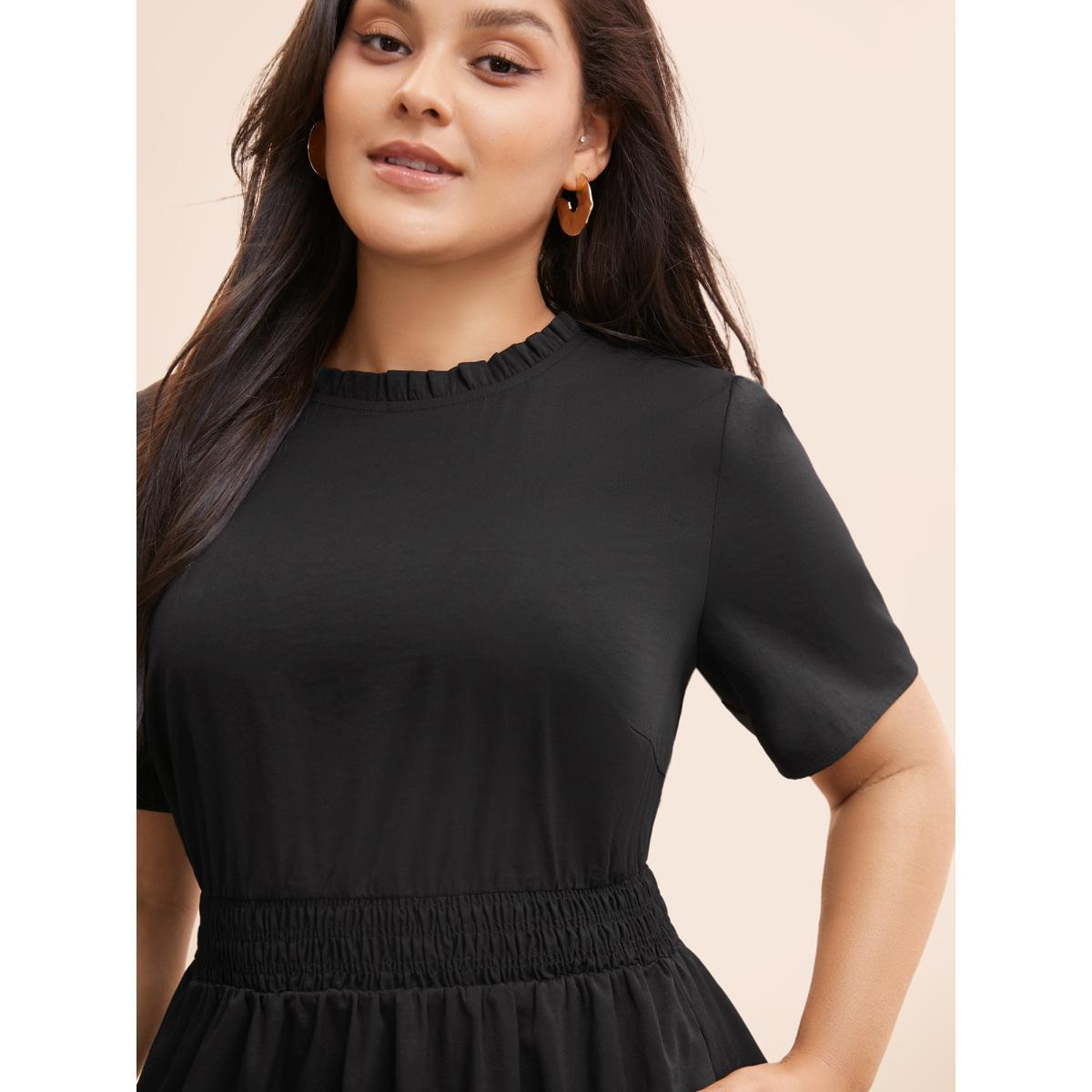 Plus Size Plain Frill Trim Ruffle Layered Hem Dress Black Women Resort Tucked seam Mock Neck Short sleeve Curvy BloomChic 28/5X Product Image