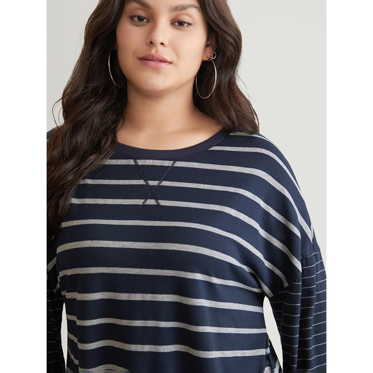 Plus Size Striped Patchwork Curved Hem Stitch T-shirt DarkBlue Women Casual Elastic cuffs Striped Round Neck Dailywear T-shirts BloomChic 10/M Product Image