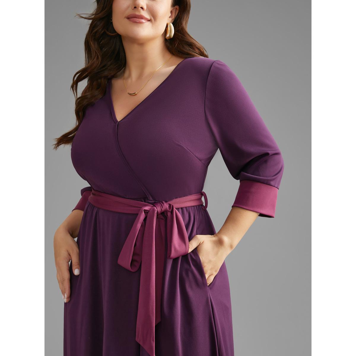 Plus Size Overlap Collar Contrast Belted Midi Dress Deeppurplered Women Elegant Belted Overlap Collar Elbow-length sleeve Curvy BloomChic 28/5X Product Image