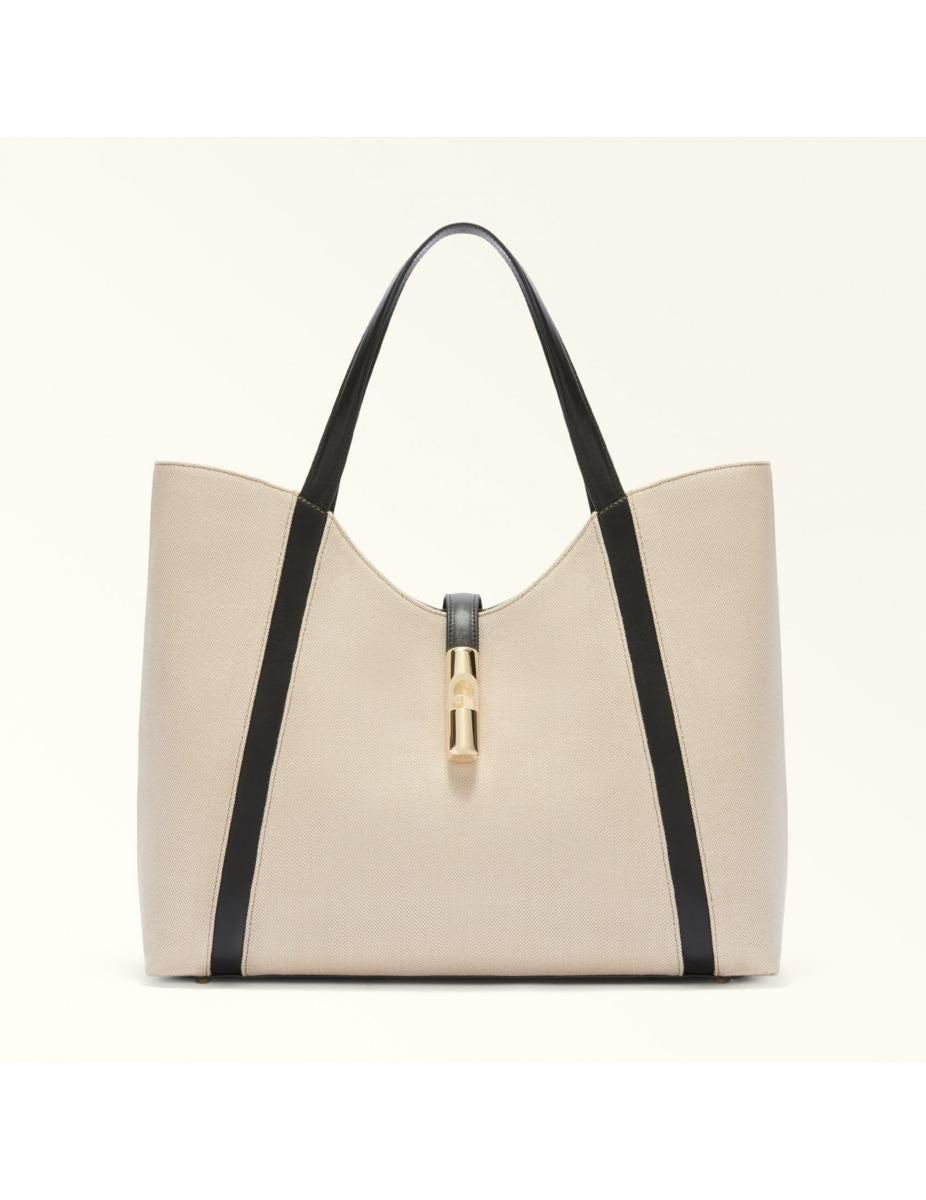 FURLA Shopping Drop Xl In Canvas And Leather In Natural / Black Product Image