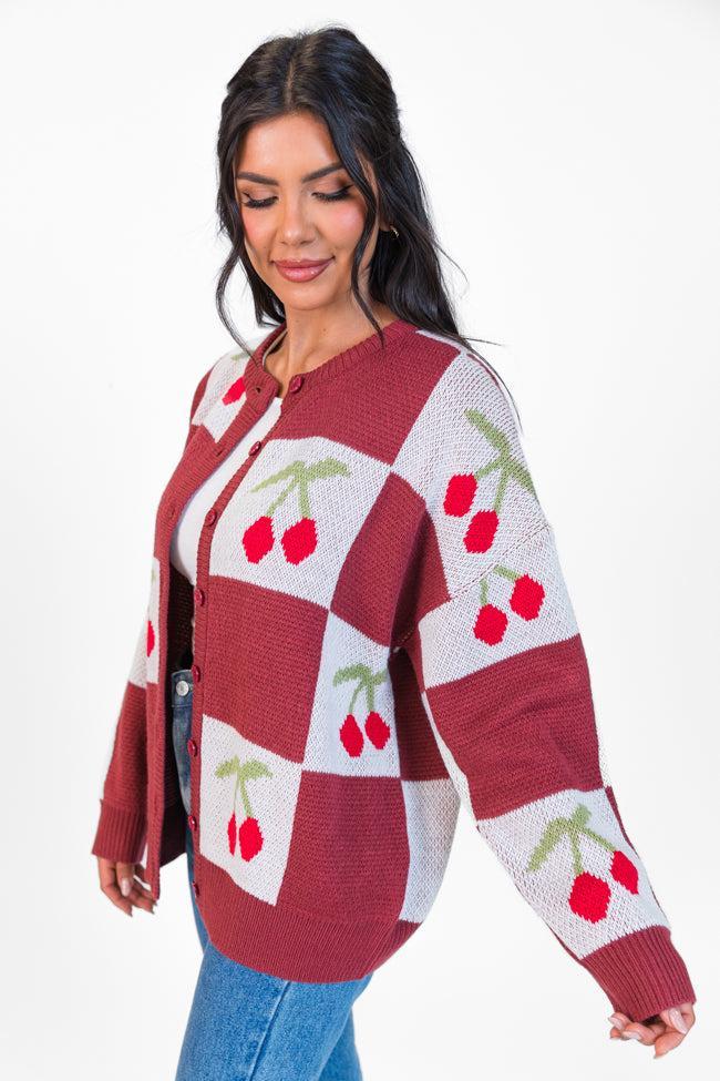 Cherry Much In Love Brick and White Multi Checkered Cardigan FINAL SALE Product Image