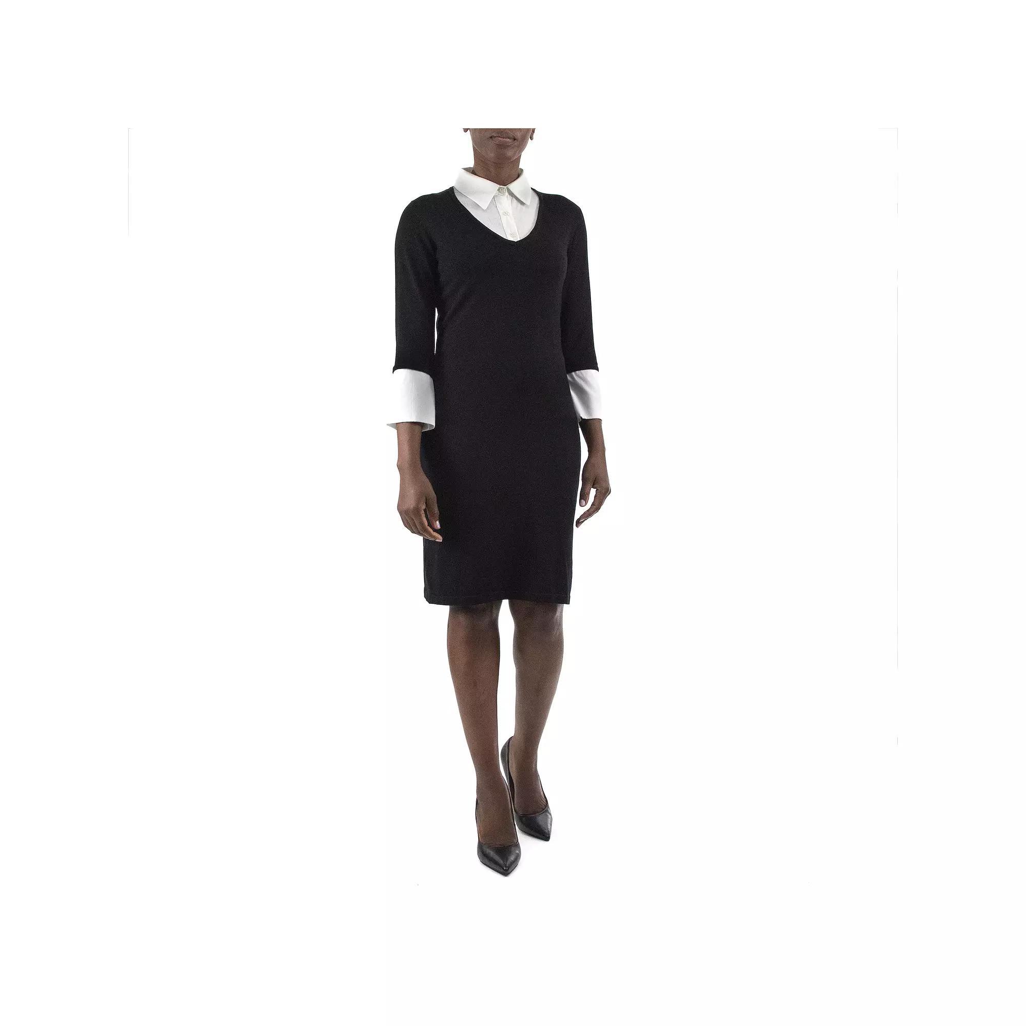 Women's Nina Leonard Georgette Mock-Layer Sweater Dress, Size: Large, Black Black Product Image