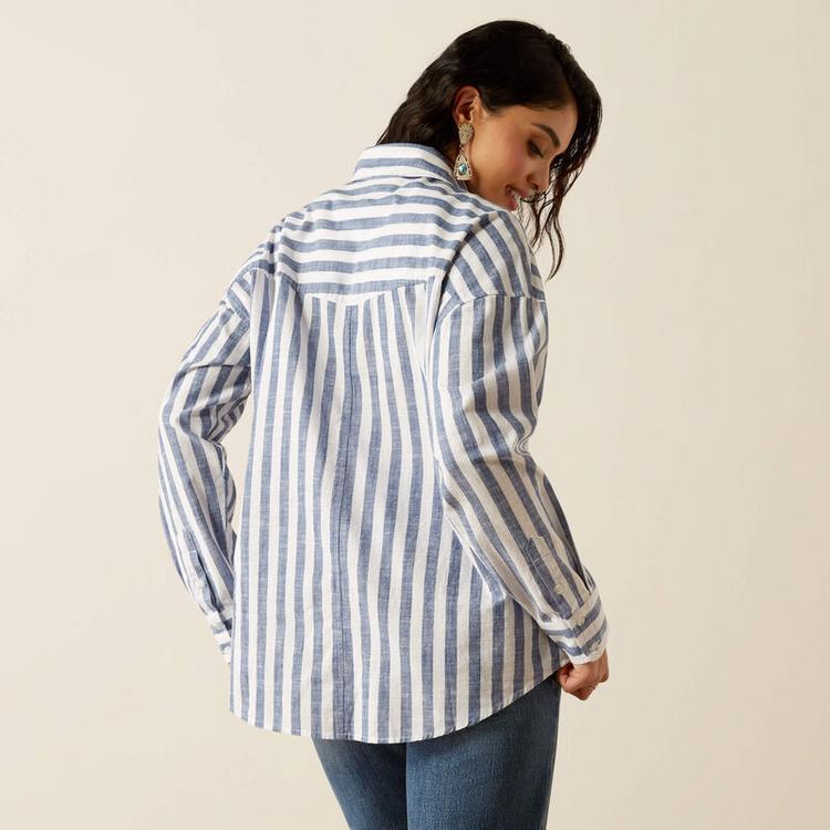 Ariat® Ladies' L/S Blue/White Coastal Stripe Baggy Button Shirt Product Image