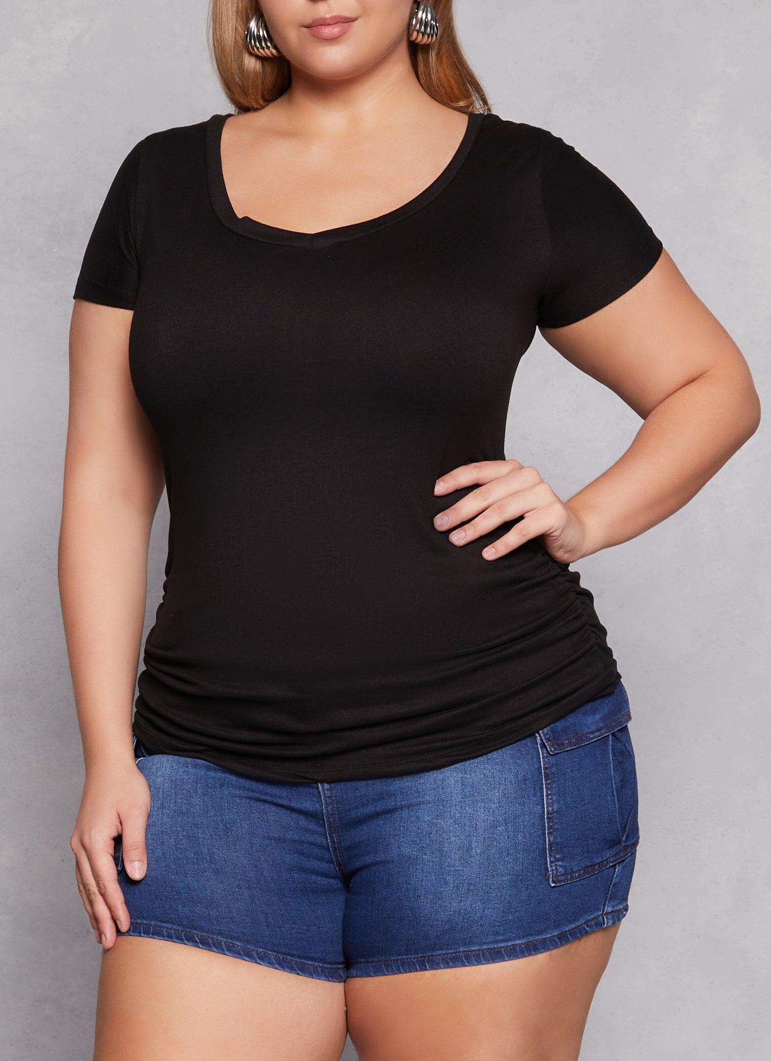 Womens Plus Size Basic V Neck Ruched Side Tee Product Image