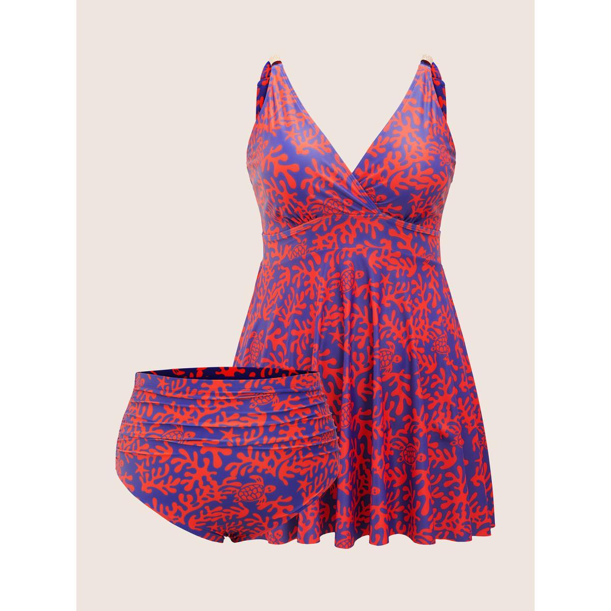 Plus Size Tropical Wrap Bodycon Cami Swim Dress Women's Swimwear DarkBlue Beach Bodycon V-neck High stretch Curve Swim Dresses BloomChic 12/L Product Image