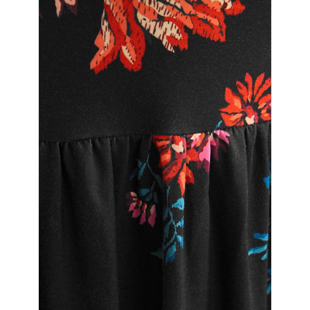 Plus Size Floral Print V Neck Pocket Flutter Hem Dress Without Belt Multicolor Women Elegant Pocket V-neck Long Sleeve Curvy Midi Dress BloomChic 30/6X Product Image
