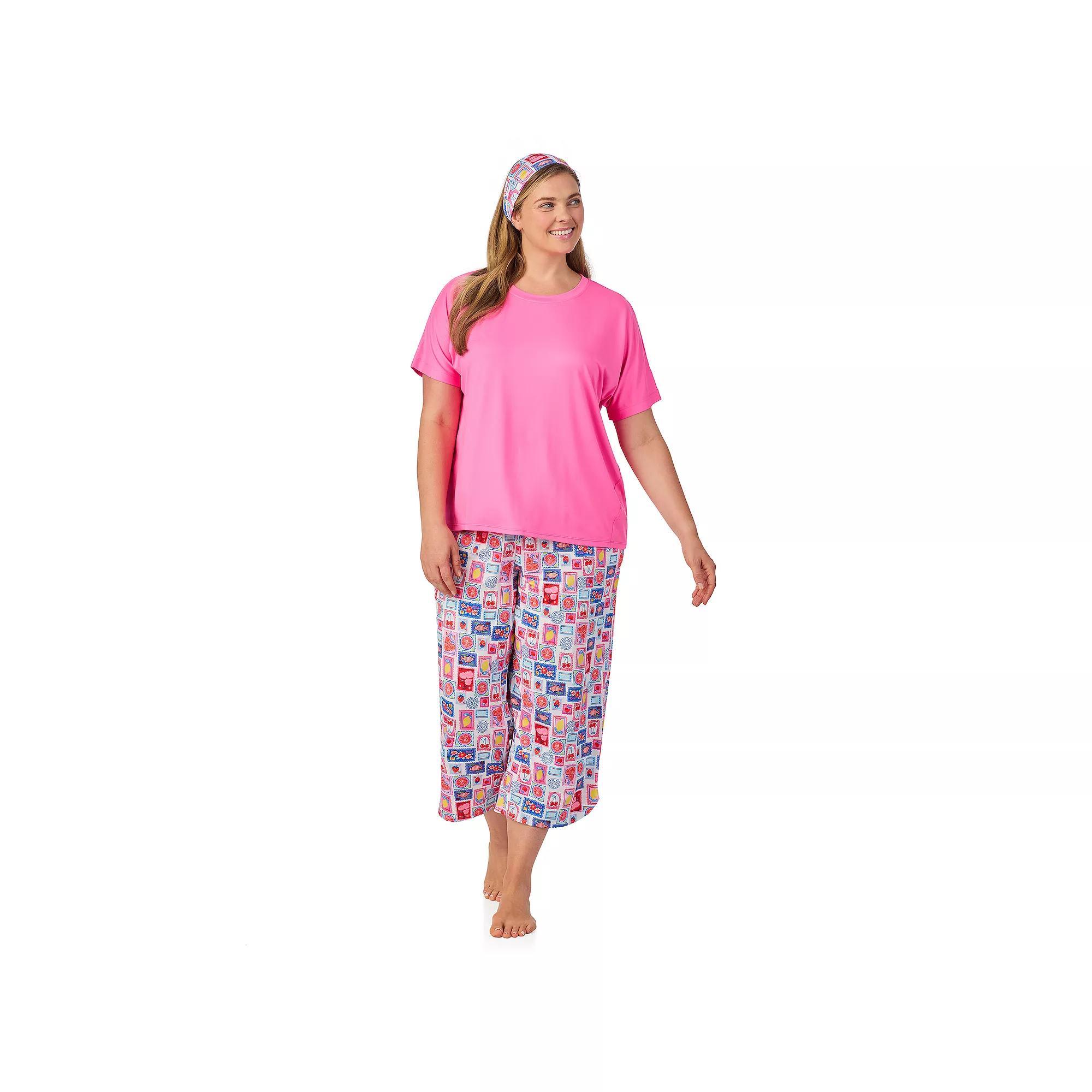 Plus Size Cuddl Duds® 2-pc. Pajama Crewneck Top & Pajama Capri Pants Set with Matching Headband, Women's, Size: 1XL, Ivory Stamps Product Image