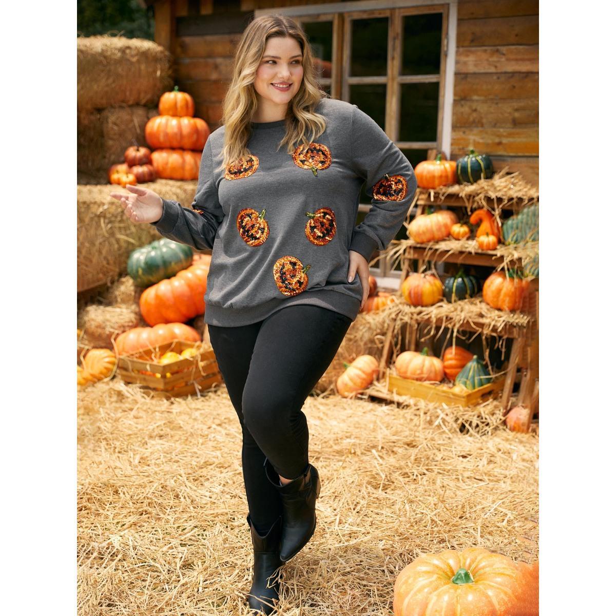 Plus Size Jack-O-Lantern Sequin Sweatshirt Women DimGray Casual Contrast Loose Round Neck Everyday Sweatshirts BloomChic 28/5X Product Image