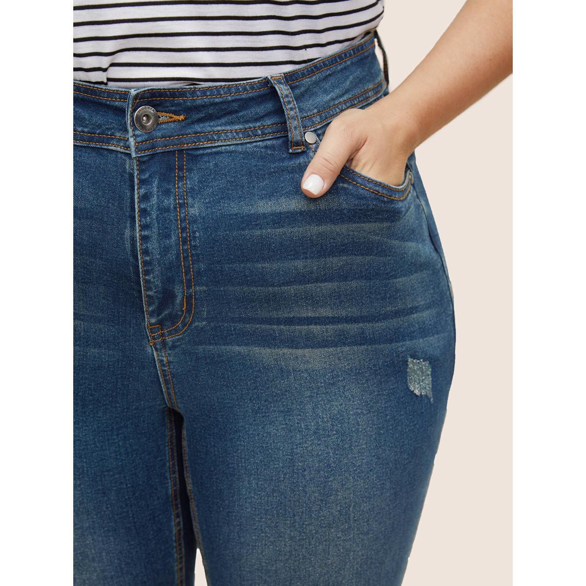 Plus Size Roll Hem Ripped Pocket Straight Leg Cropped Jeans Women Aegean Casual Plain Non High stretch Slanted pocket Jeans BloomChic 20/2X Product Image