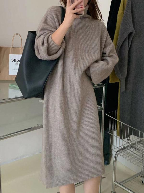 Long Sleeves Loose Solid Color High Neck Midi Dresses Sweater Dresses Product Image