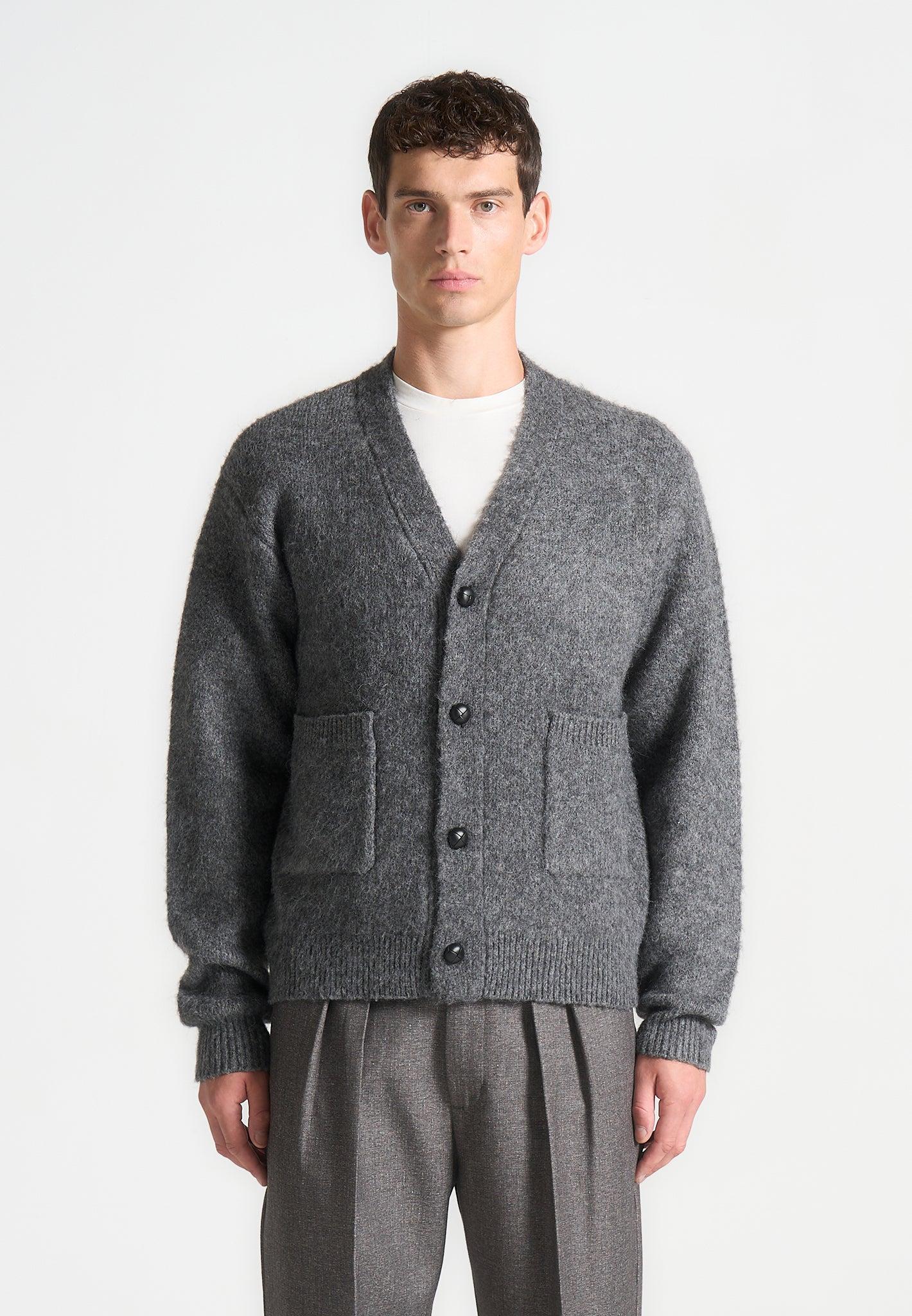 Brushed Wool Knit Cardigan - Grey Male Product Image