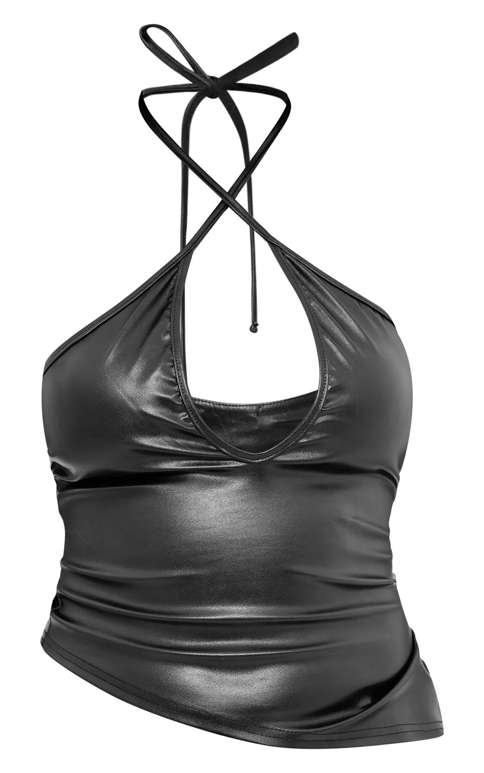 Black Faux Leather Asymmetric Hem Halter Neck Top Product Image