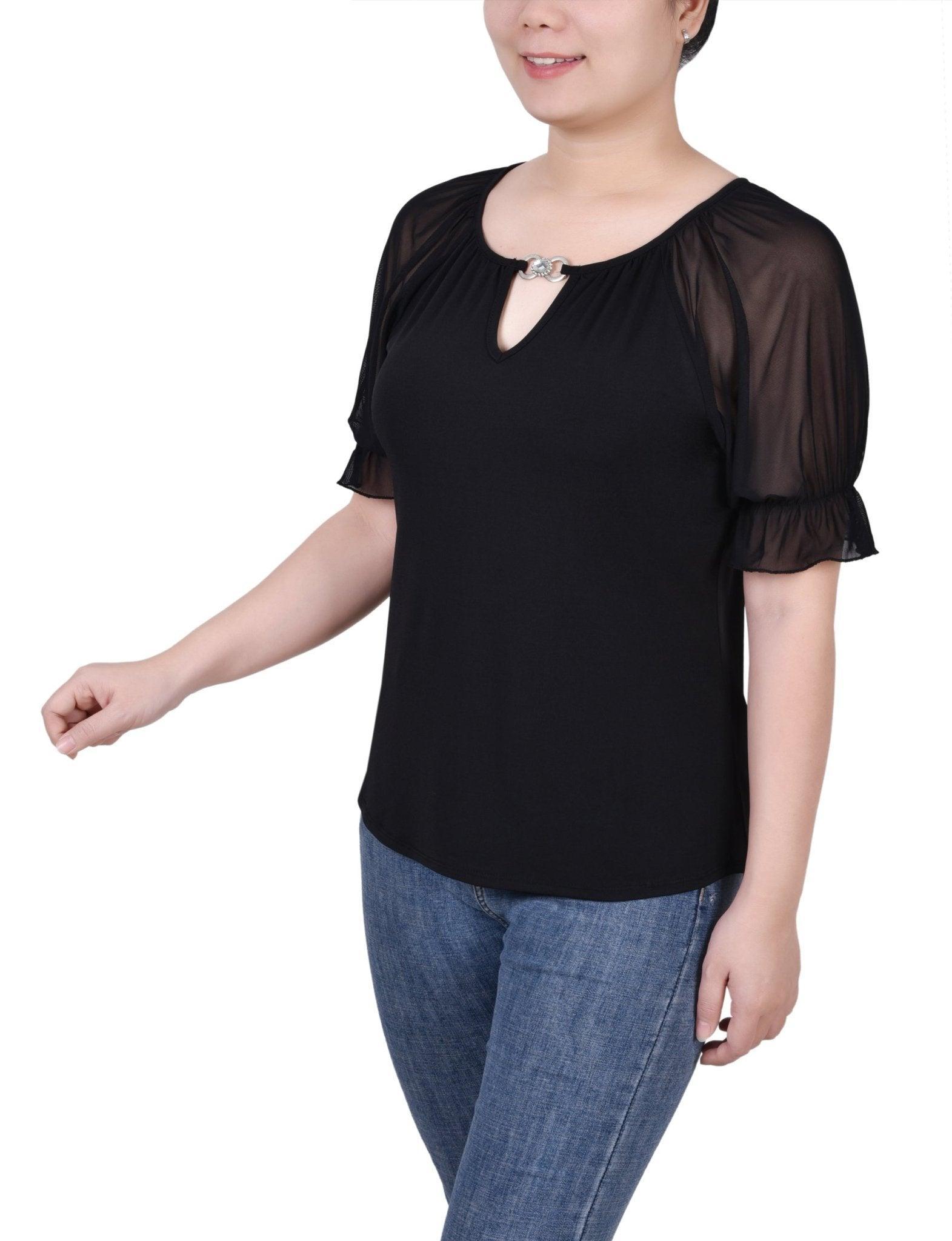 Short Ruffle Sleeve Top With Rhinestones - Petite Product Image