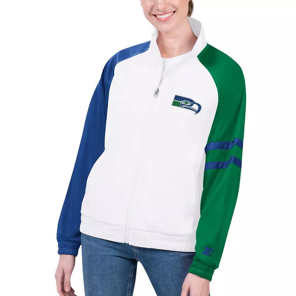 Women's Starter White Seattle Seahawks Curve Ball Raglan Full-Zip Track Jacket, Size: Large Product Image