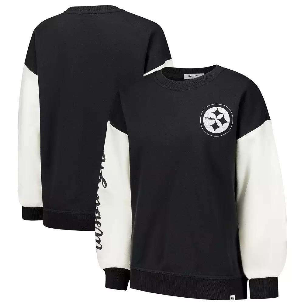 Women's '47  Black Pittsburgh Steelers Double Header Rise Andie Pullover Sweatshirt, Size: Large Product Image