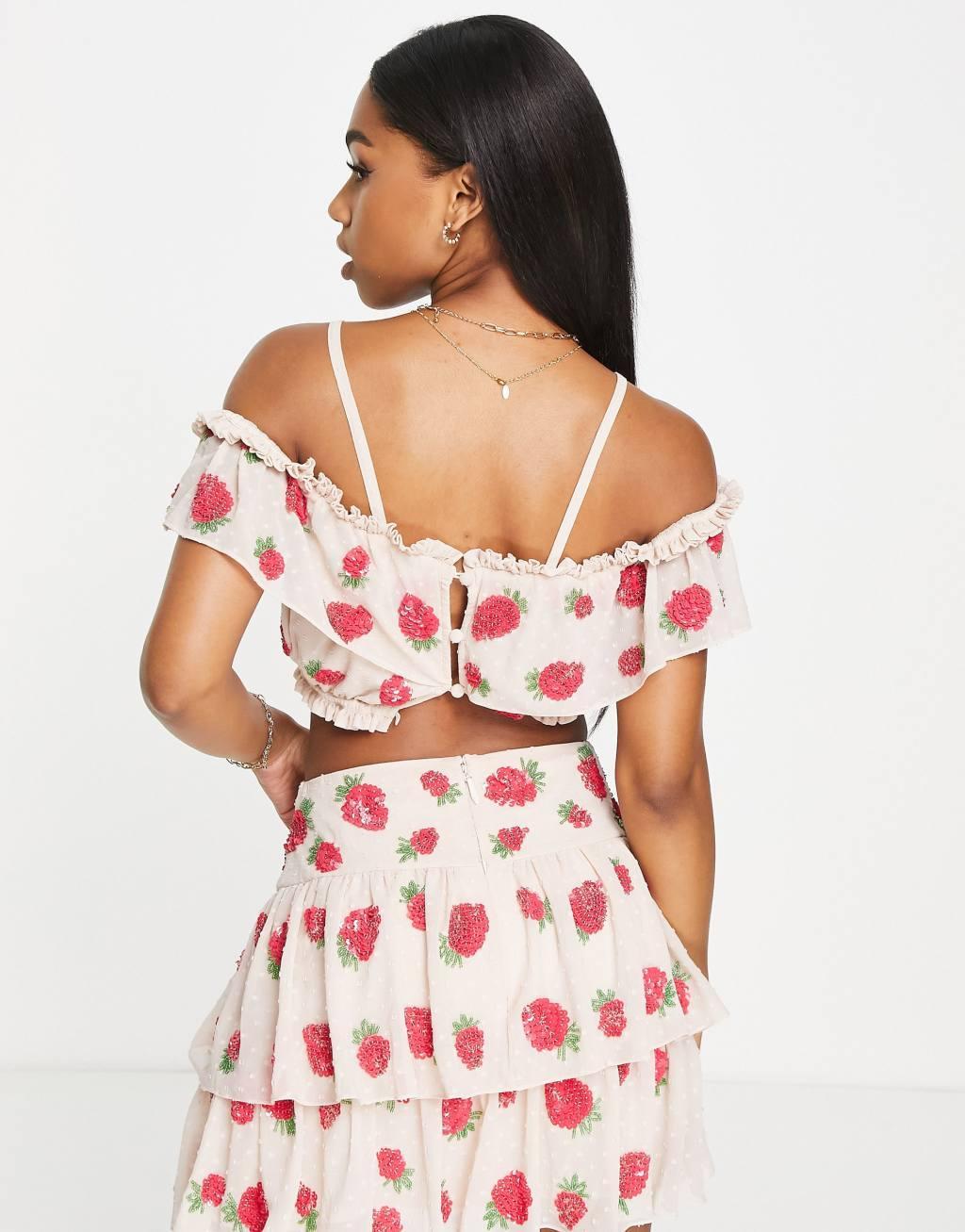 Miss Selfridge Premium embellished strawberry bardot top Product Image