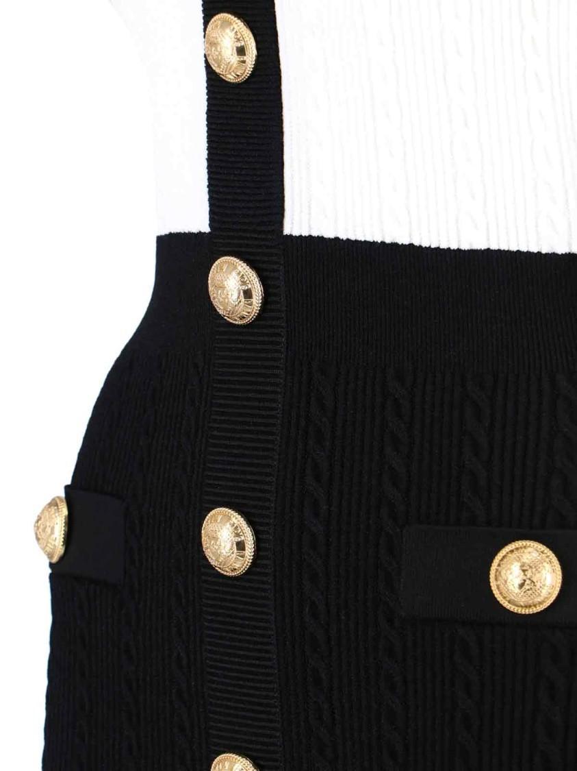 BALMAIN V-neck Buttoned Strong-shoulder Torsade Knit Mini Dress In White Product Image
