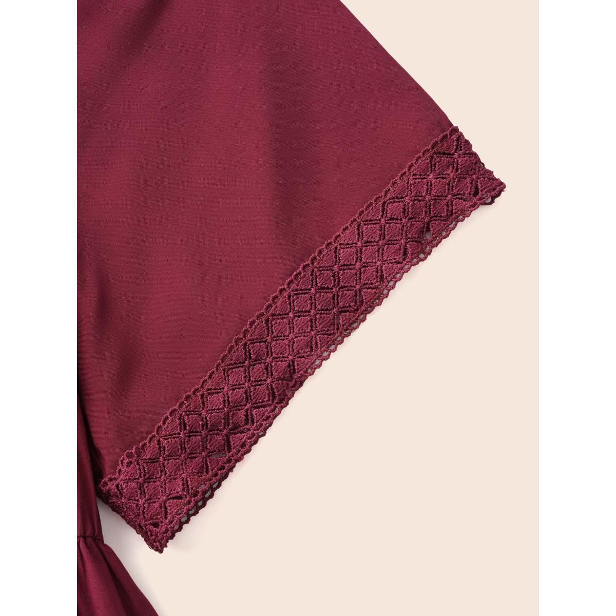 Plus Size Plain Off Shoulder Lace Trim Ruffle Hem Dress Burgundy Women Resort Woven ribbon&lace trim One-shoulder neck Half Sleeve Curvy BloomChic 10/M Product Image