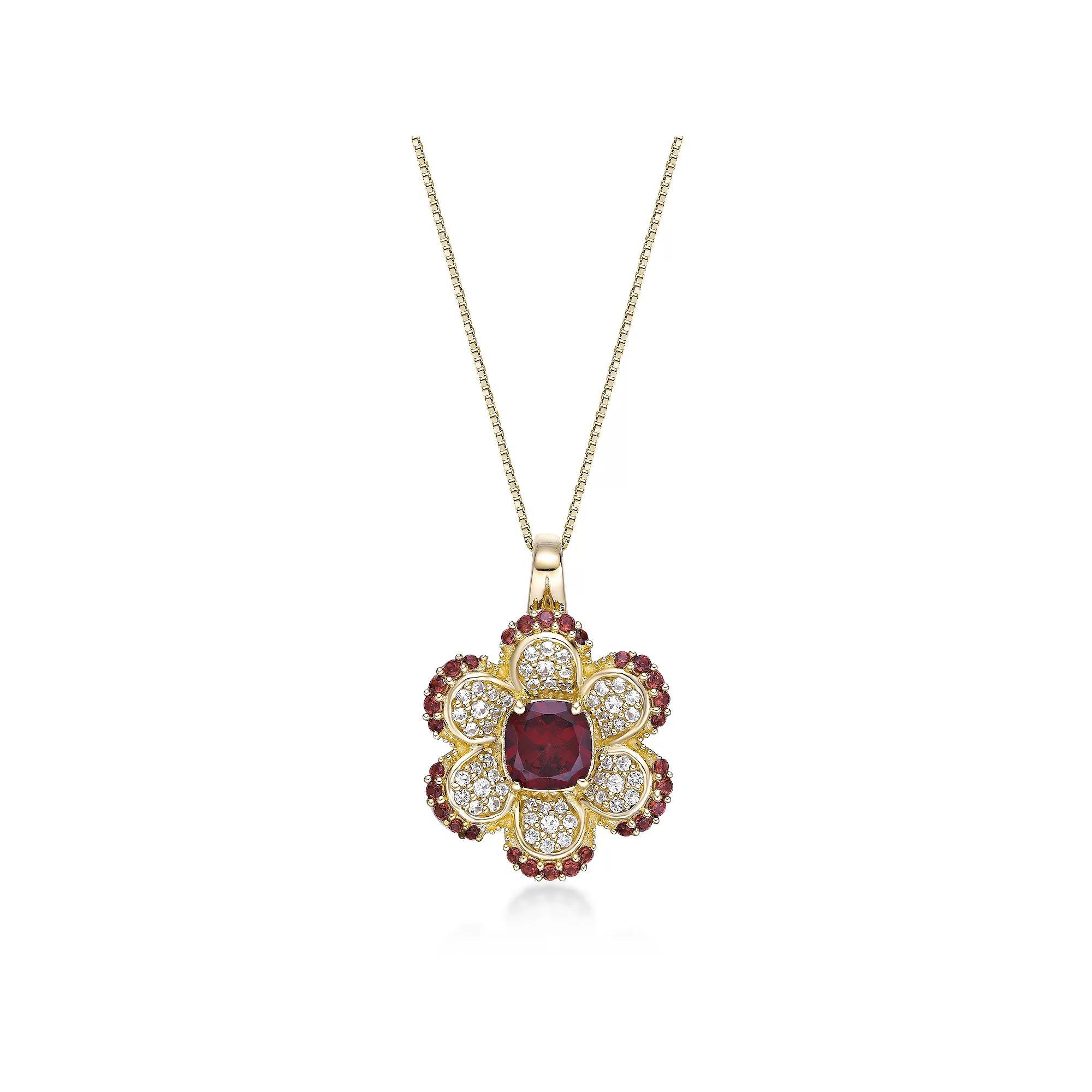 Gemminded 2 Micron Gold Over Silver Garnet & Lab-Created White Sapphire Flower Pendant Necklace, Women's, Size: 18", Gold Tone Product Image
