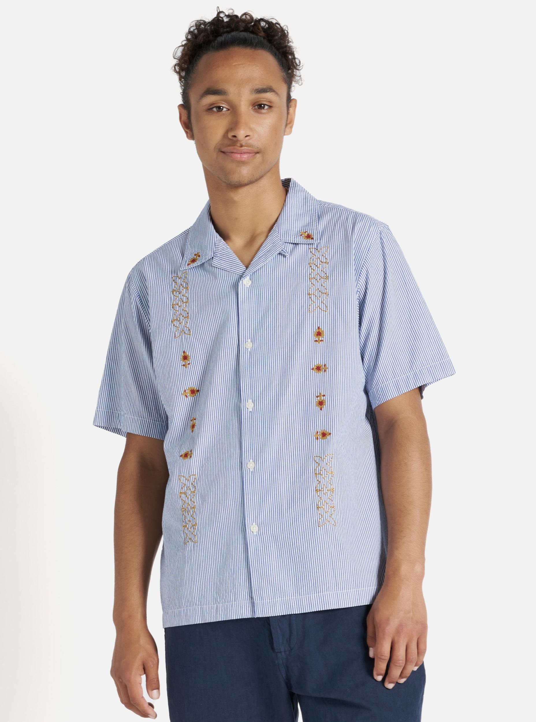 Universal Works Road Shirt in Blue Embroidered Classic Stripe Product Image