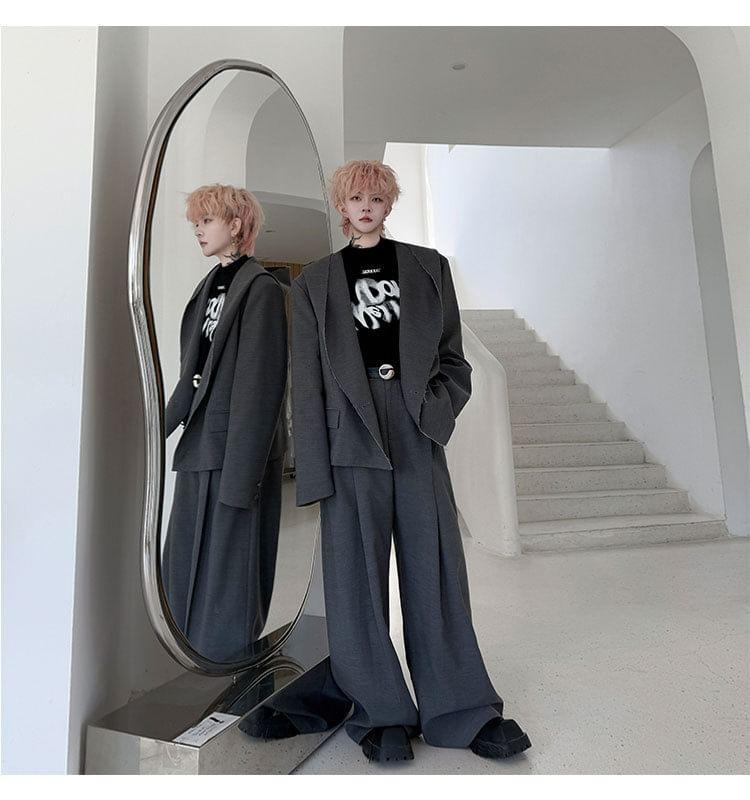 Set: Hooded Plain Blazer + High Waist Wide Leg Dress Pants Product Image