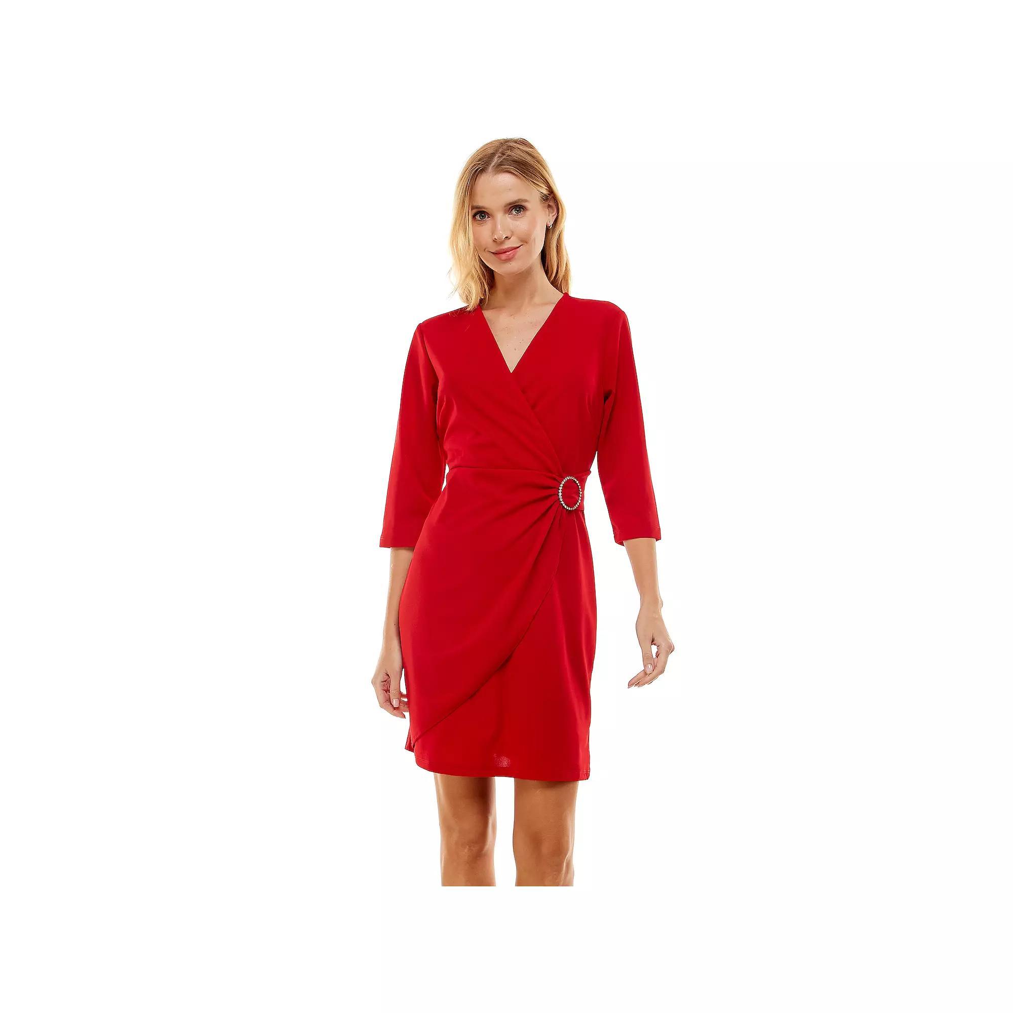 Womens Luxology Faux-Wrap Rhinestone Buckle Dress Red Product Image