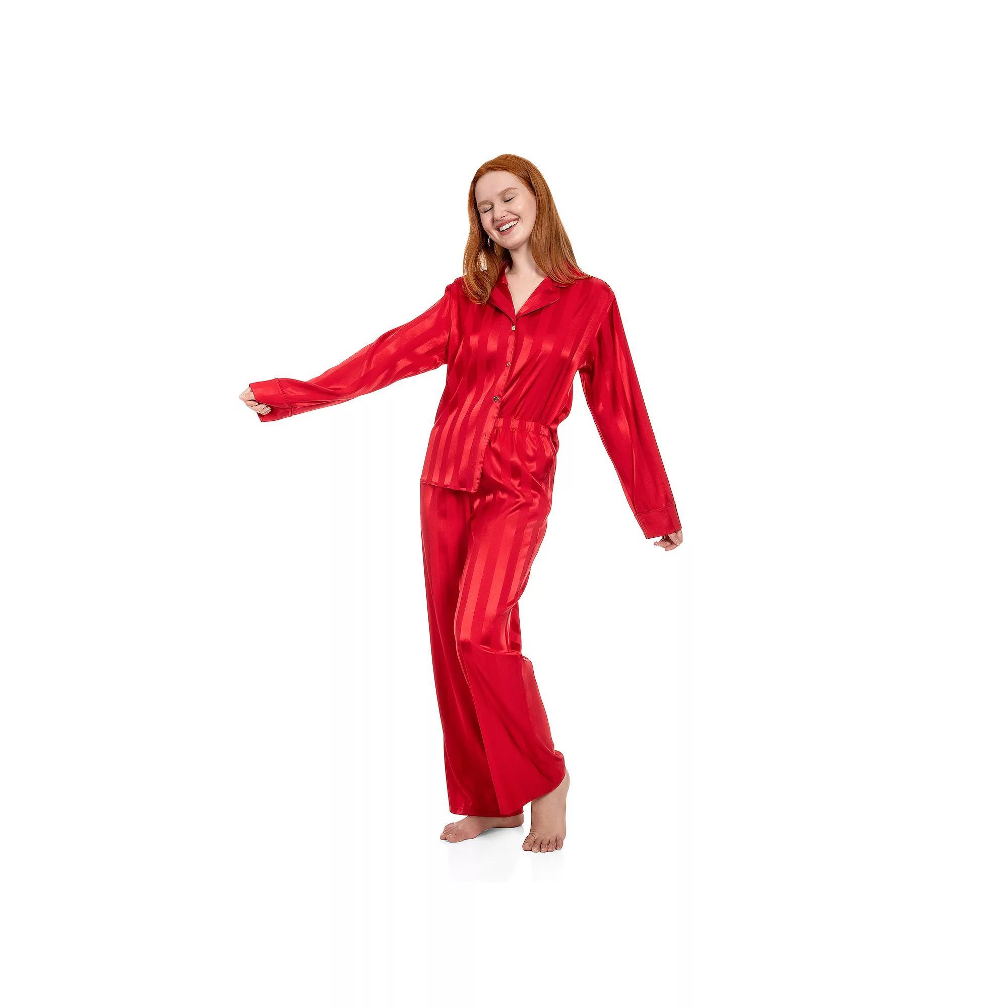 Petite Lilac+London Satin Notch Collar Pajama Top & Pajama Bottoms Set, Women's, Size: XXL Petite, Pink Product Image
