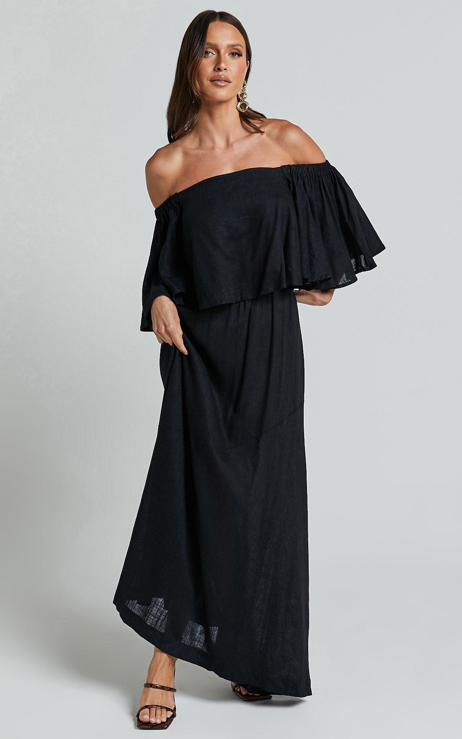 Amalie The Label - Juletta Linen Blend Flutter Sleeve Top and Midi Skirt Two Piece Set in Black Product Image