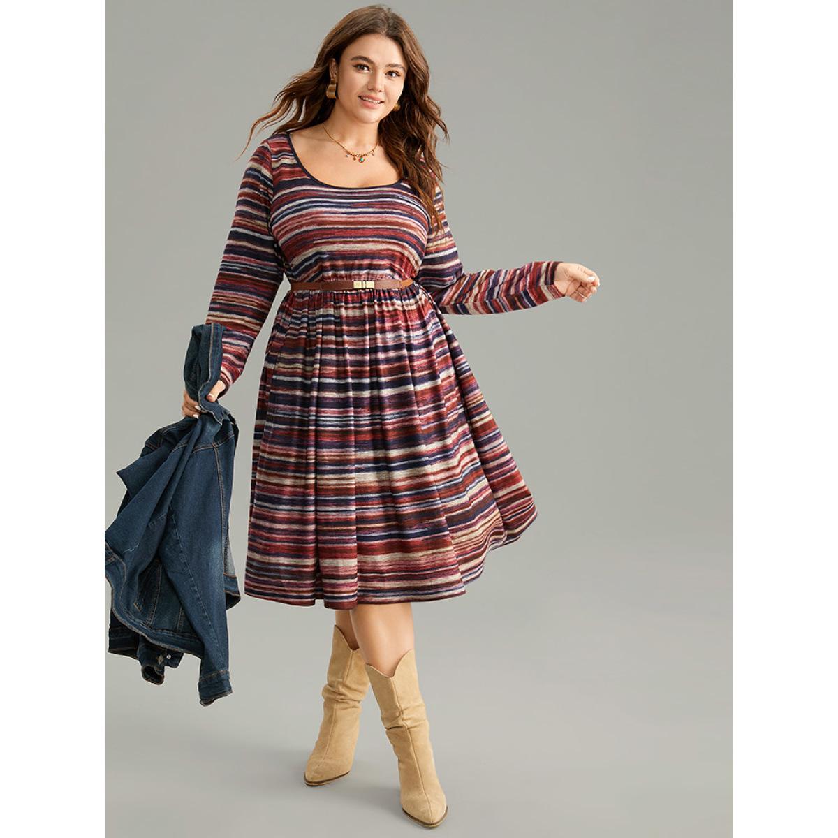 Plus Size Colour Striped Heather Elastic Waist Scoop Neck Dress Multicolor Women Casual Printed Scoop Neck Long Sleeve Curvy Midi Dress BloomChic 28/5X Product Image