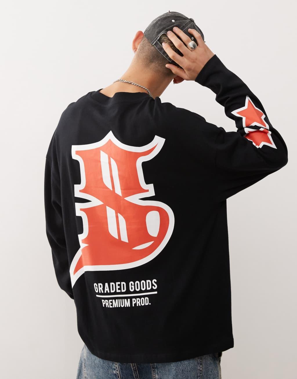 COLLUSION long sleeve heavyweight red graphic T-shirt in black Product Image
