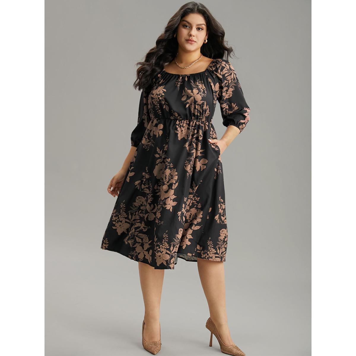 Plus Size Silhouette Floral Print Elastic Cuffs Dress Black Women Elegant Elastic cuffs Square Neck Elbow-length sleeve Curvy Midi Dress BloomChic 12/L Product Image
