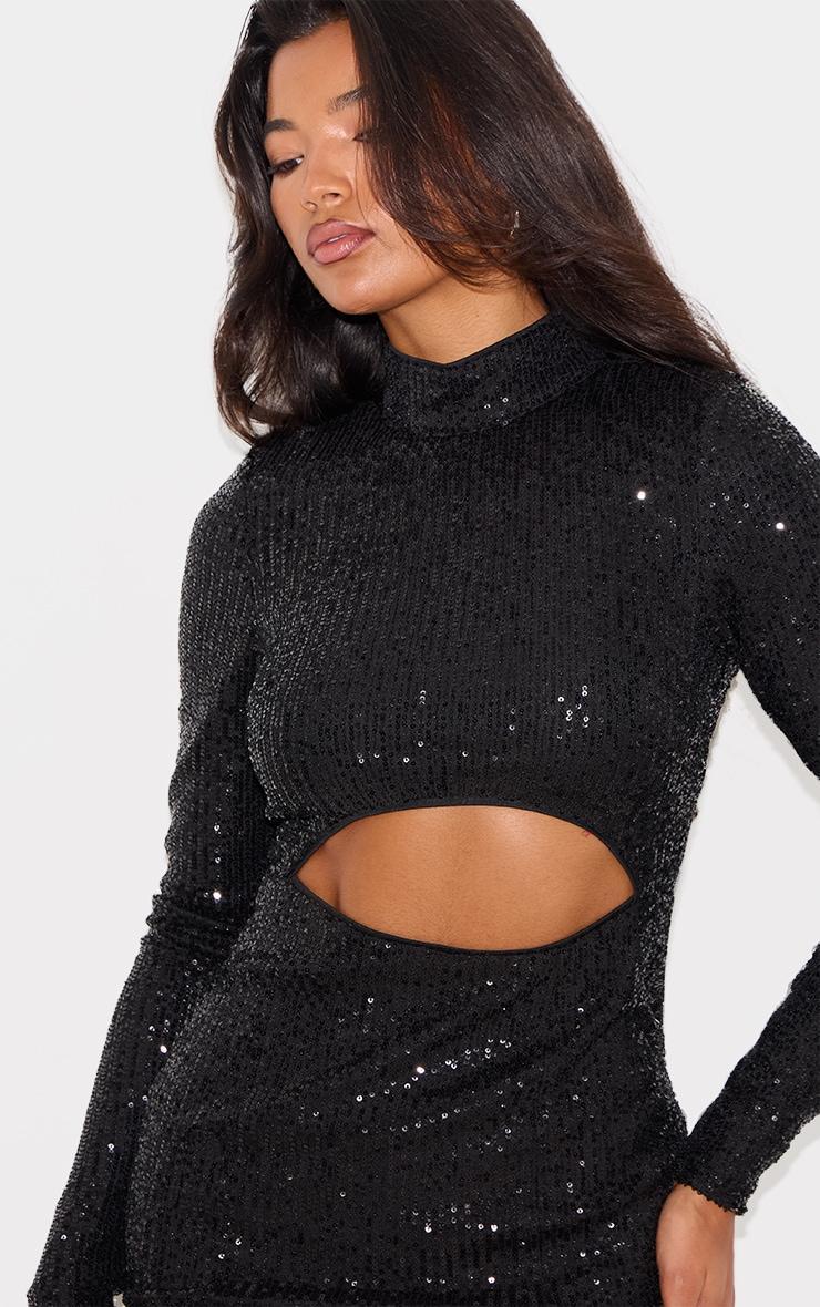 Black Sequin High Neck Long Sleeve Cut Out Split Hem Bodycon Dress Product Image