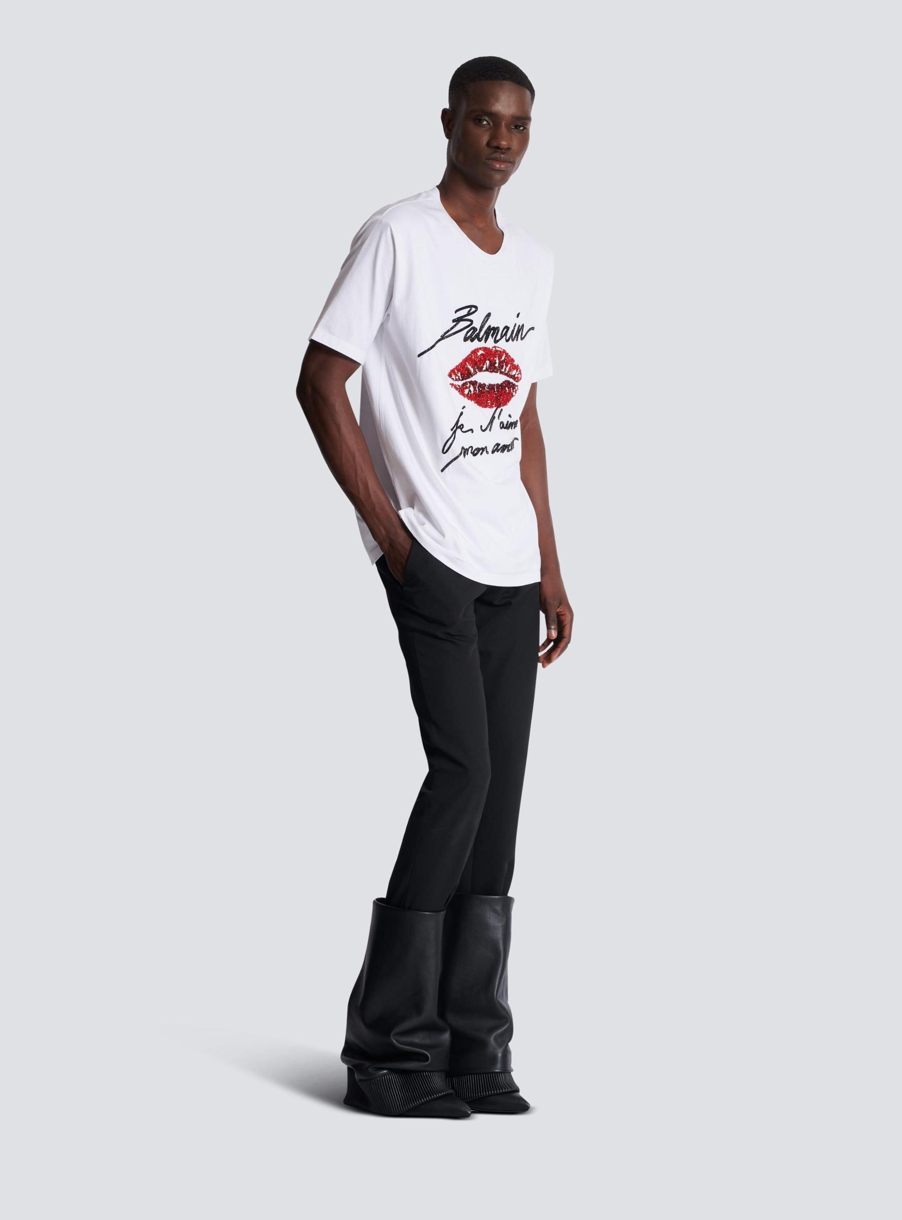 Embroidered T-shirt with Balmain "Love Letter" and Lips Product Image