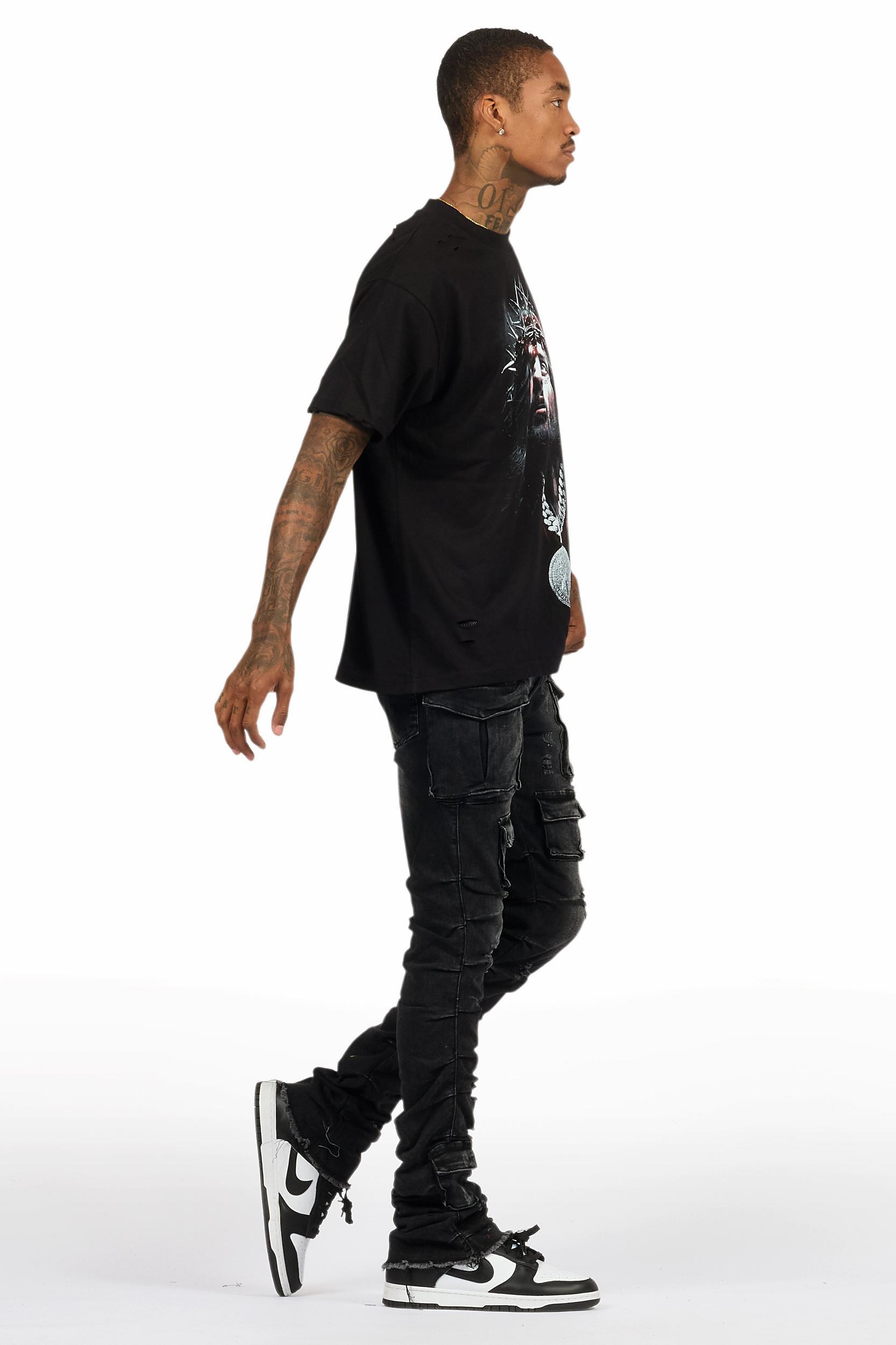 Amina Black T-Shirt & Gentry Dark Grey Stacked Flare Jean Bundle Male Product Image
