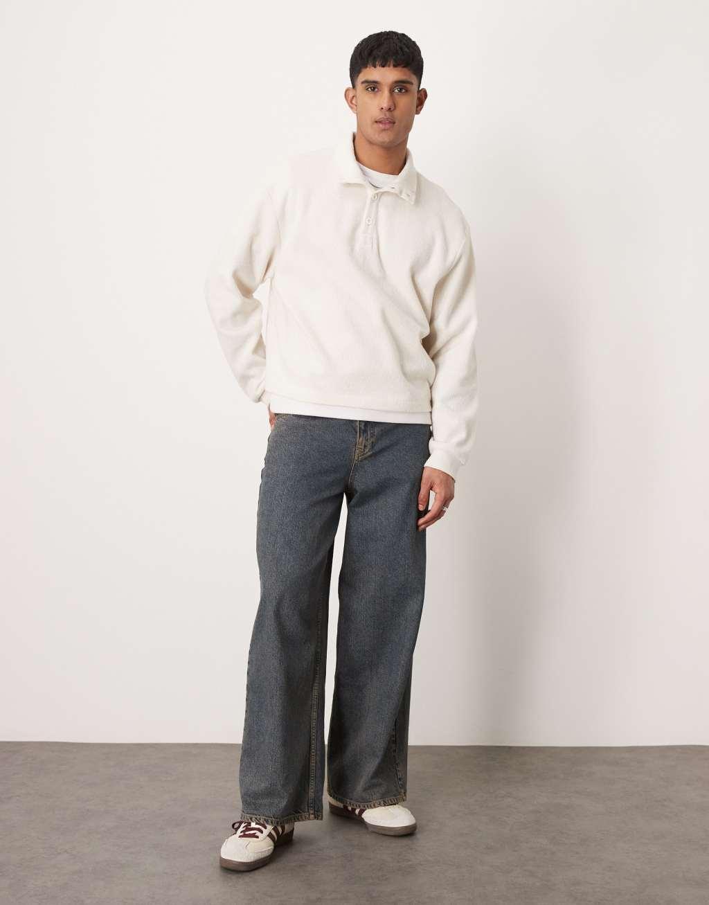 ASOS DESIGN oversized boxy lightweight sweater with henley funnel neck in brushed ecru Product Image