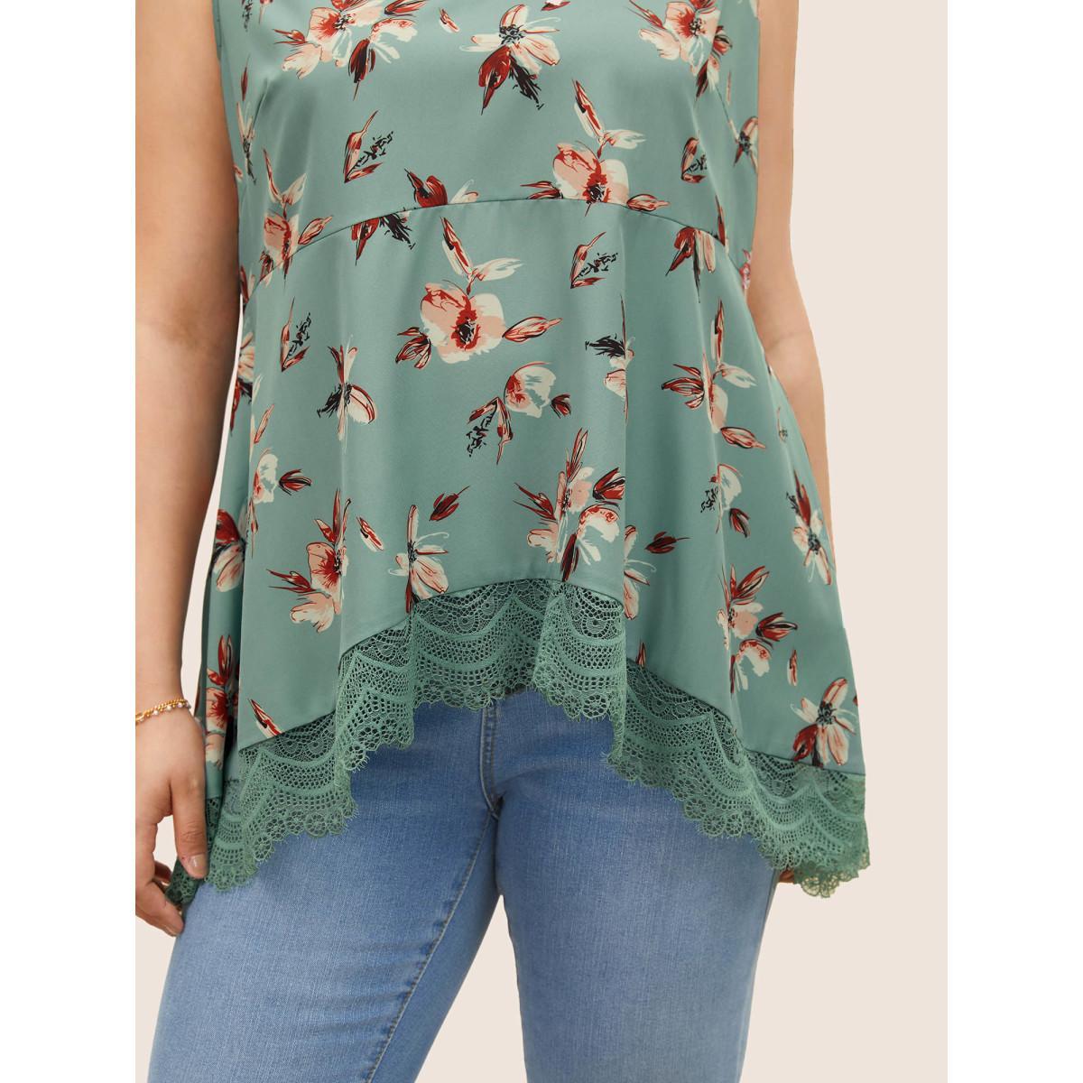 Plus Size Watercolor Floral Lace Panel Tank Top Women Green Elegant Patchwork V-neck Everyday Tank Tops Camis BloomChic 26/4X Product Image