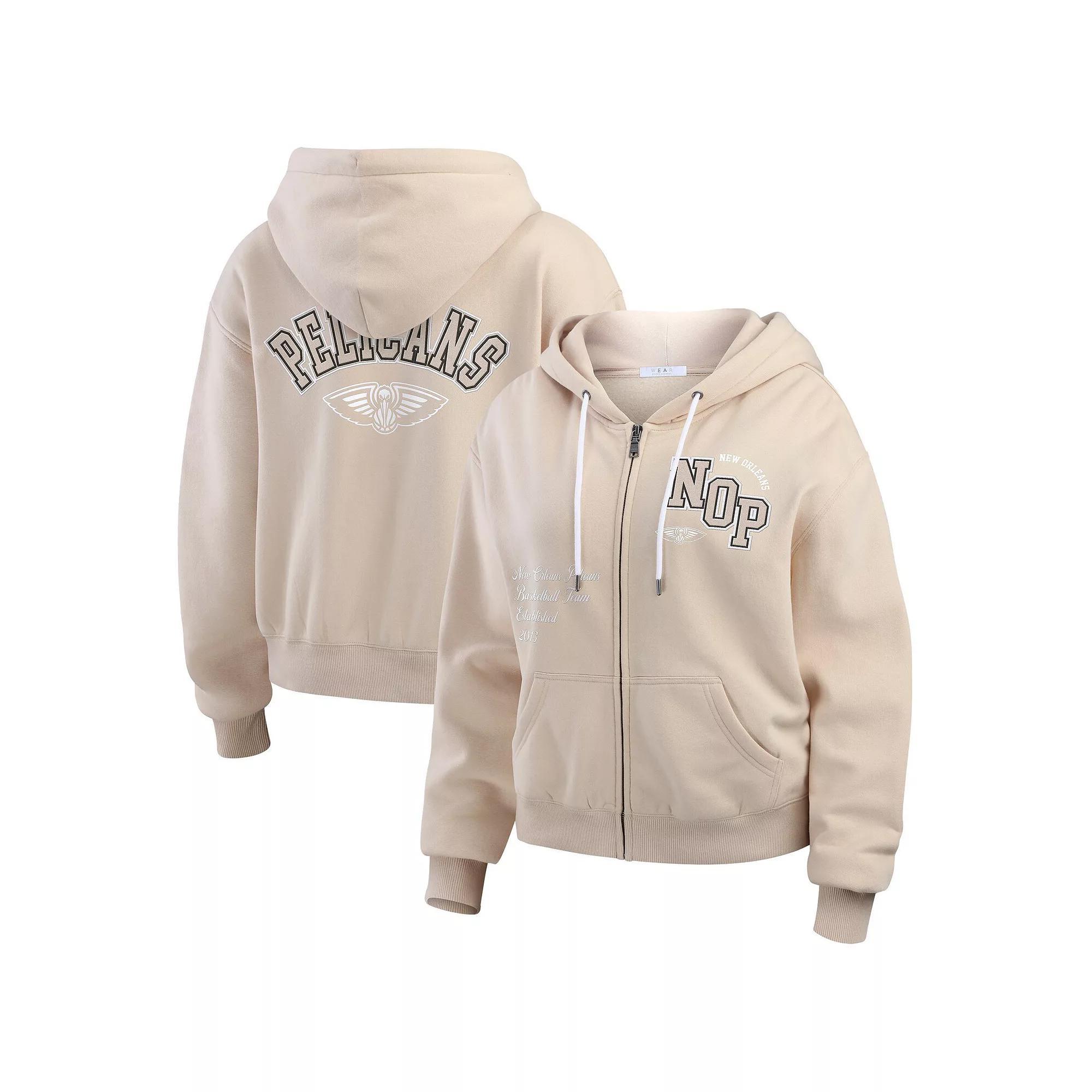 Women's WEAR by Erin Andrews Tan New Orleans Pelicans Tonal Felt Patch Full-Zip Hoodie, Size: Large, Team Product Image