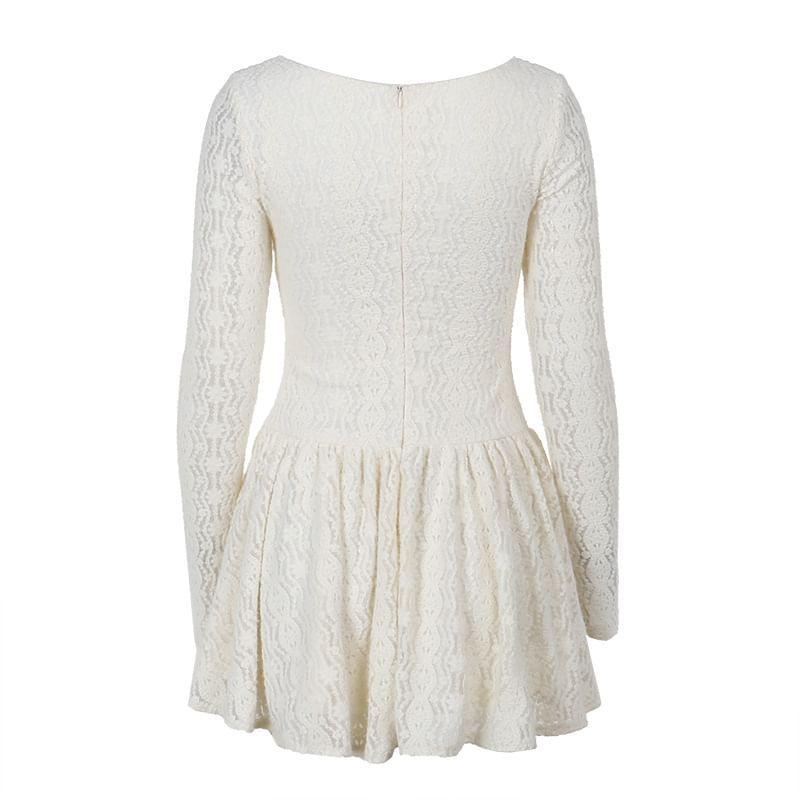 Long Sleeve Square-Neck Ruffled-Trim Plain Bow Accent Slim-Fit Mini A-Line Dress Product Image