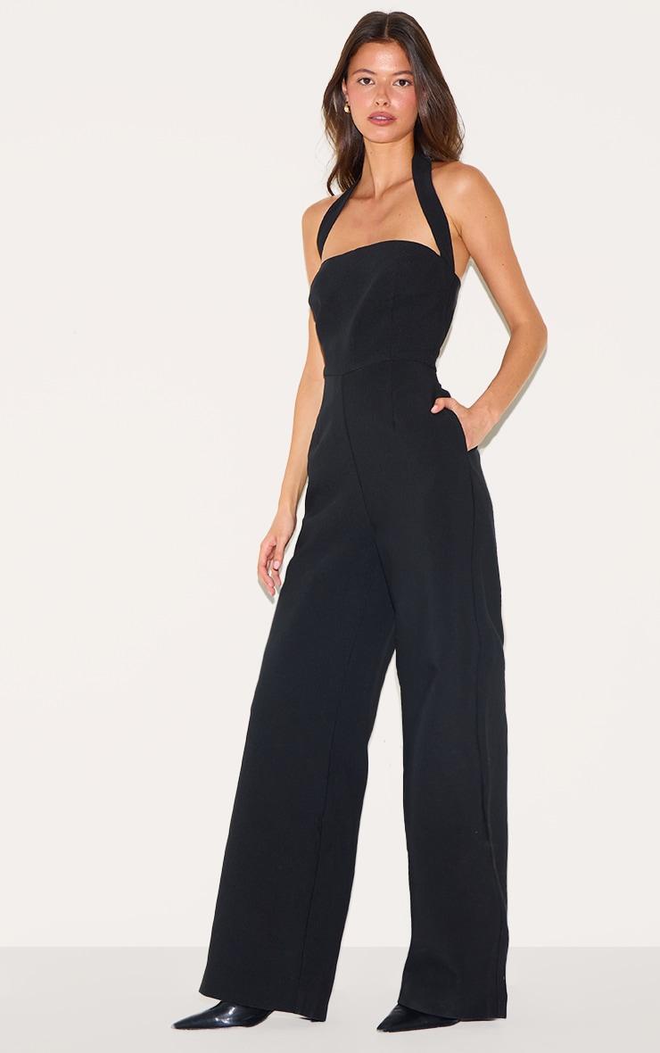 Black Premium Woven Halterneck Straight Leg Jumpsuit Product Image