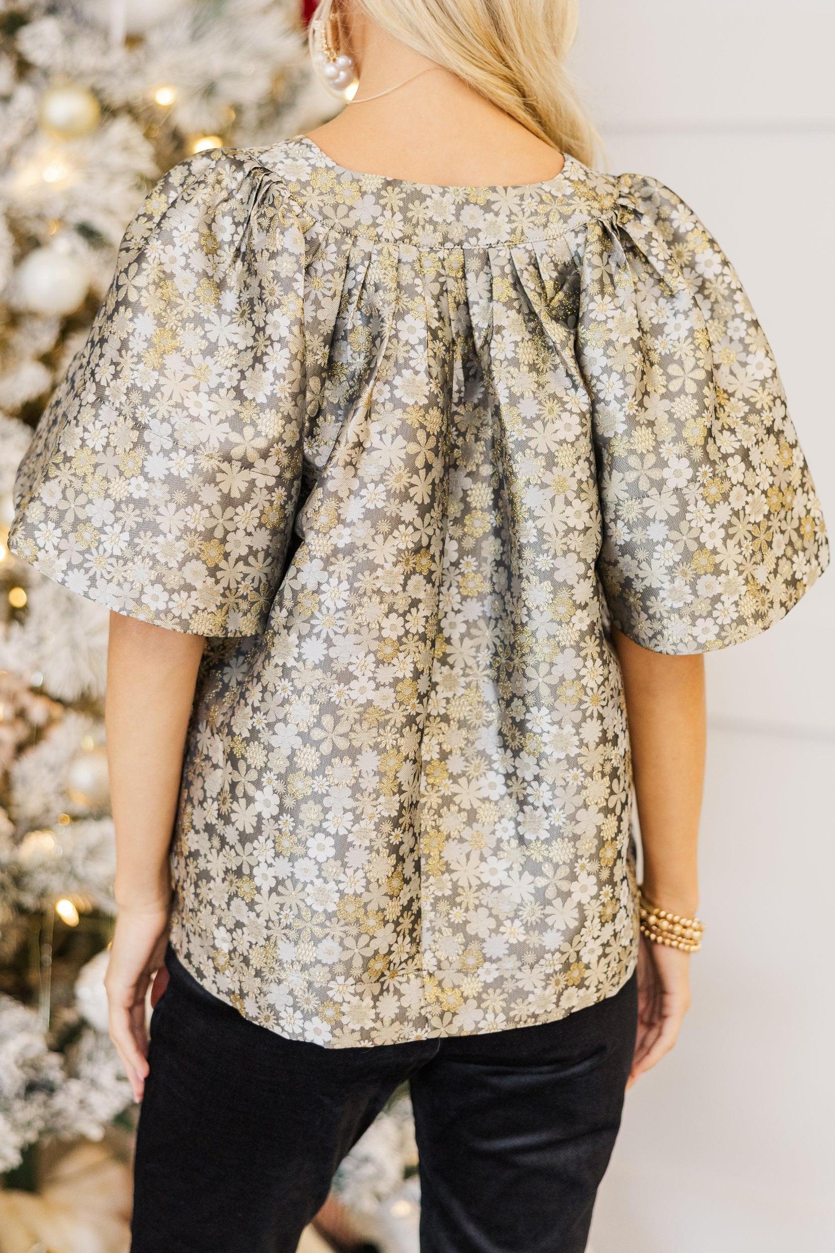 Just A Theory Gray Floral Brocade Blouse Female Product Image
