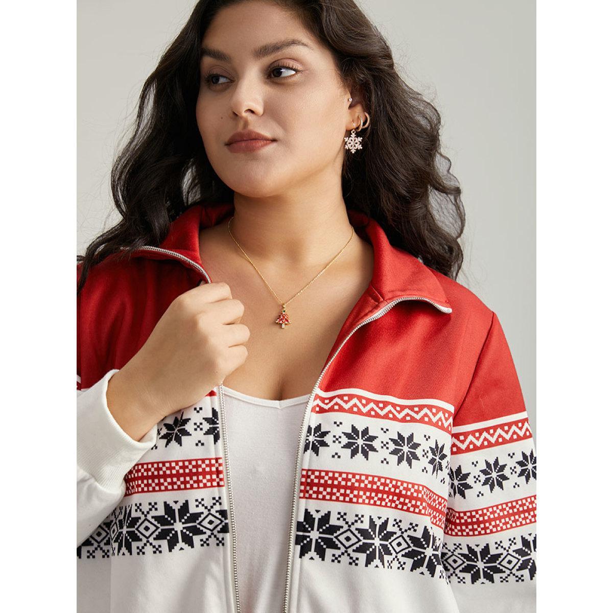 Plus Size Christmas Snowflake Zipper Contrast Jacket Women Red Contrast Dailywear Jackets BloomChic 10/M Product Image